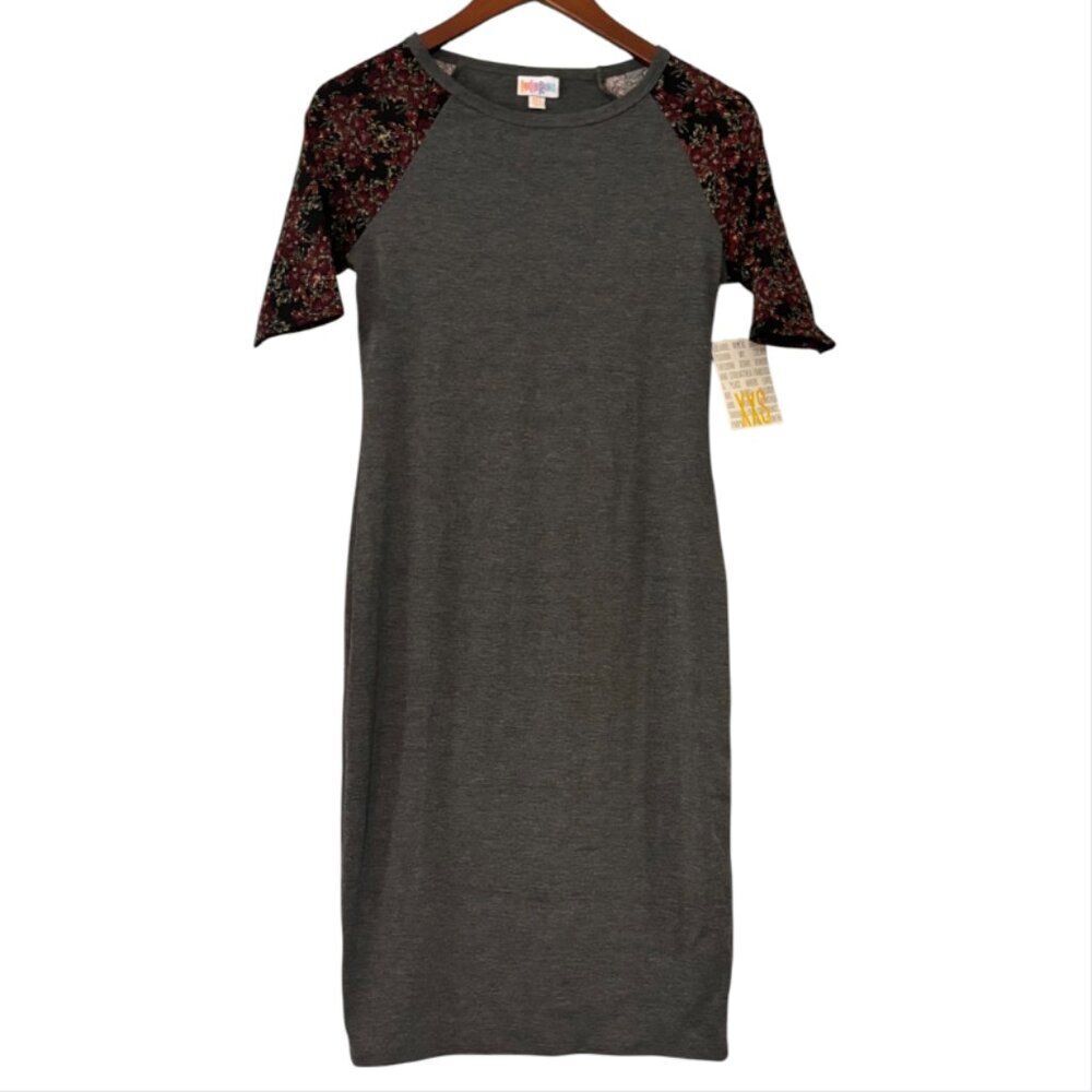 LuLaRoe "Julia" XXS Gray & Cute Burgundy Sleeves